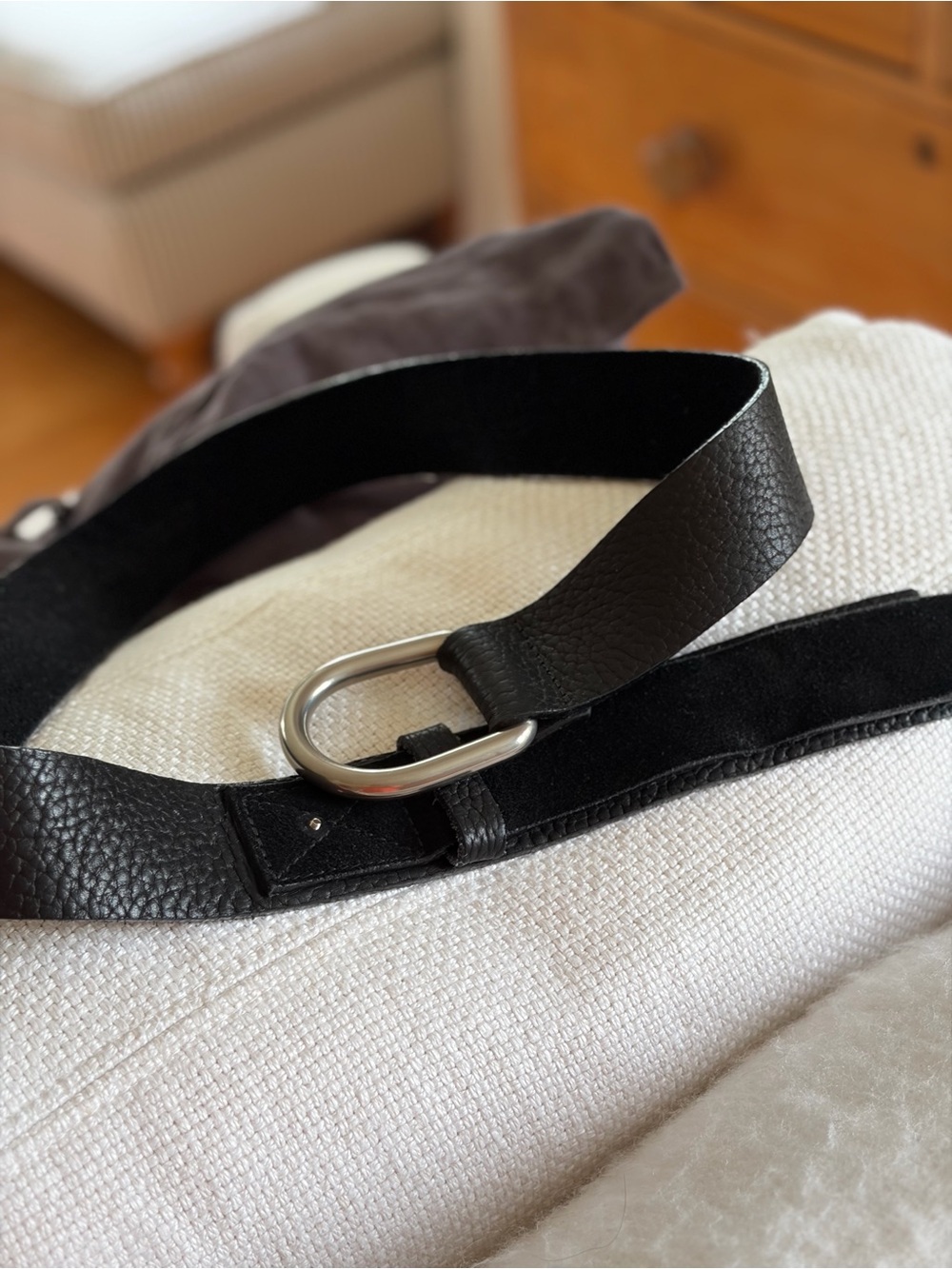 Women's Black Leather Belt with Silver Oval Buckle